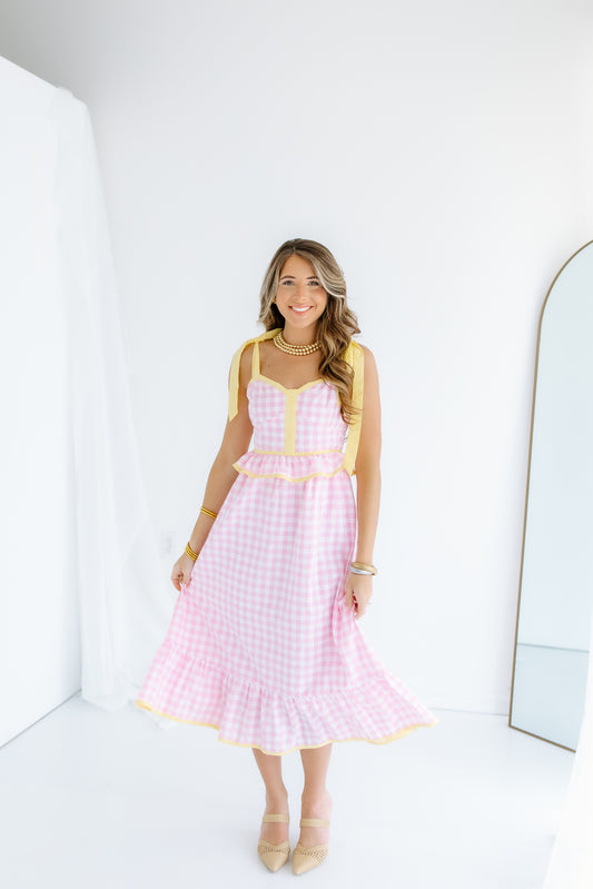 PINK LEMONADE SWEETHEART GINGHAM MIDI DRESS