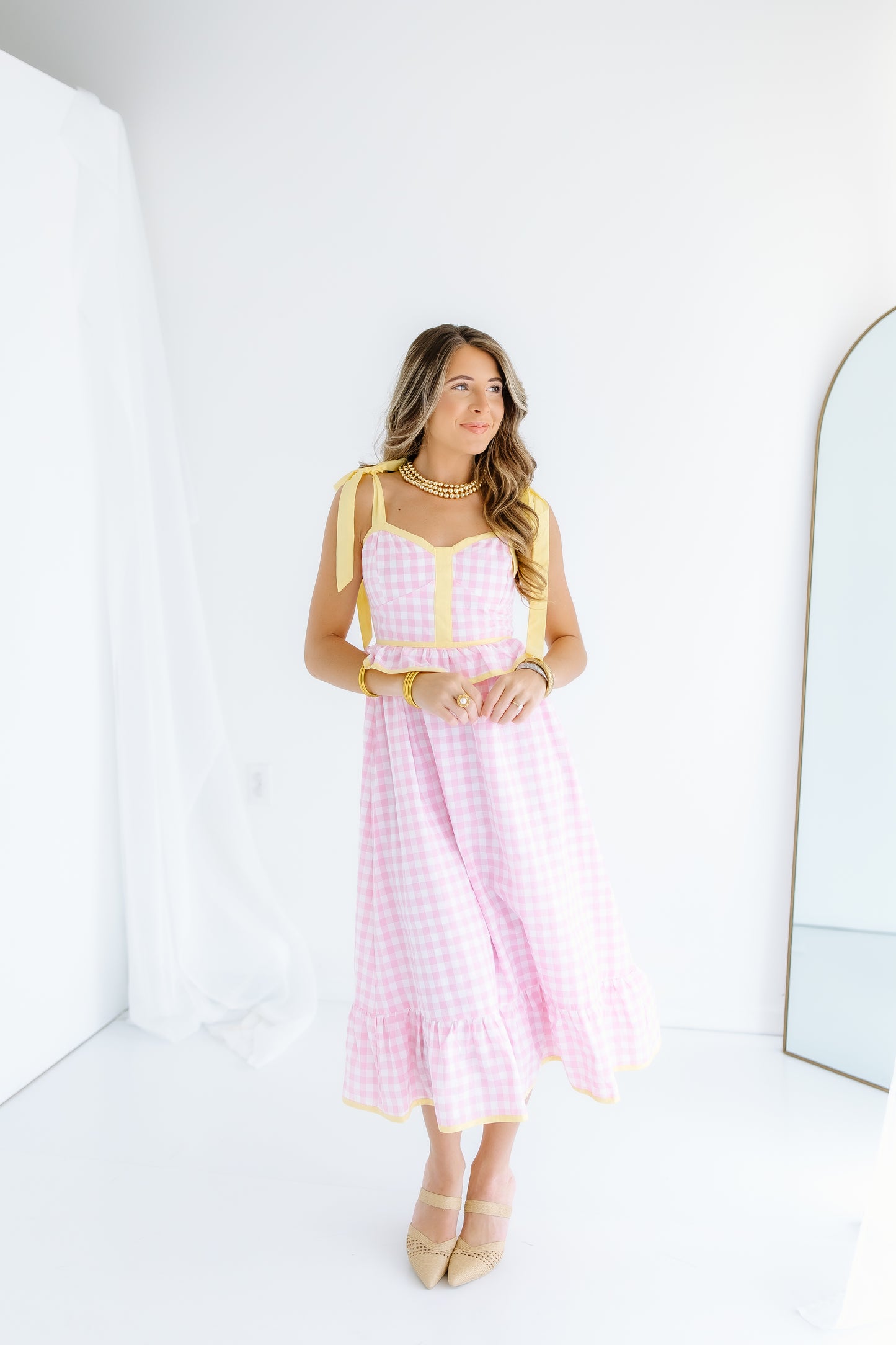 PINK LEMONADE SWEETHEART GINGHAM MIDI DRESS