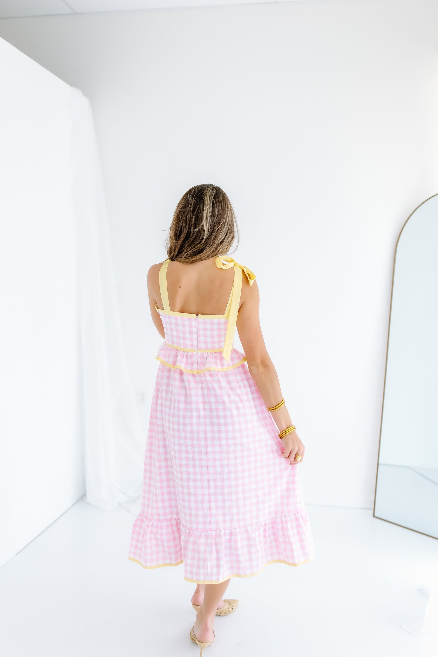 PINK LEMONADE SWEETHEART GINGHAM MIDI DRESS