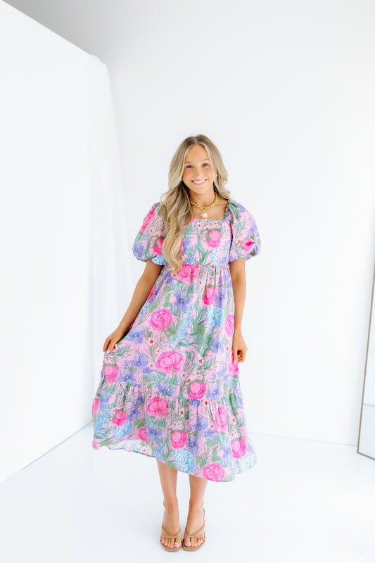 OVER THE BRIDGE FLORAL MIDI DRESS
