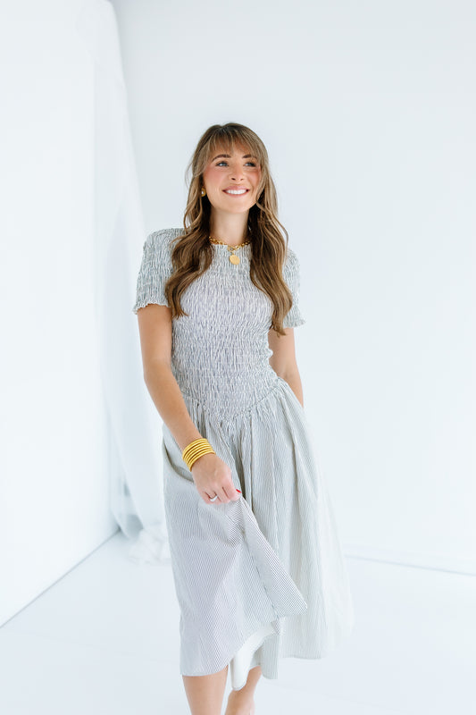 MEET ME THERE STRIPE SMOCKED DRESS