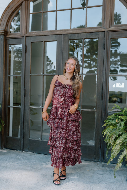 FALL LEAVES FLORAL RUFFLED TIERED MAXI DRESS