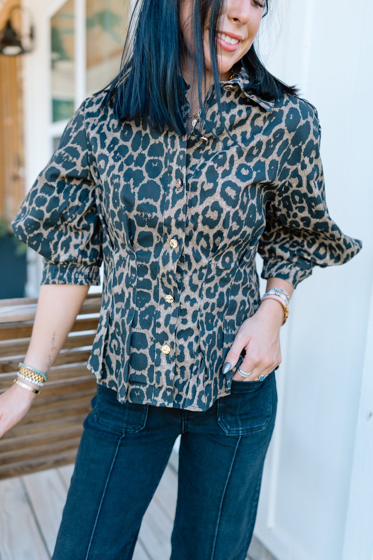PU DENIM LEOPARD TOP