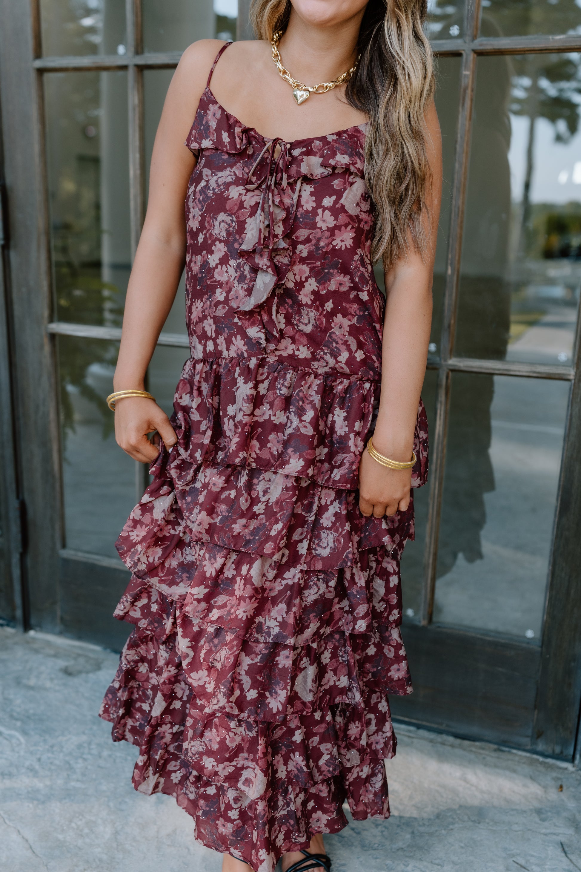 FALL LEAVES FLORAL RUFFLED TIERED MAXI DRESS