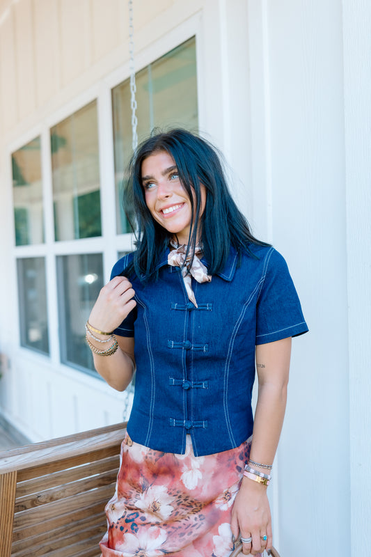 CONTRAST STITCH DENIM TOP