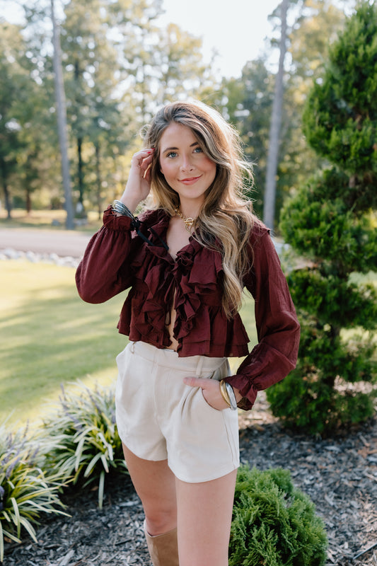RUFFLE DETAIL CROPPED BLOUSE