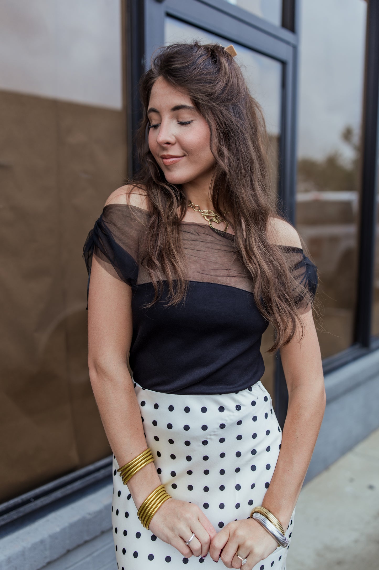 MESH AND PONTI DRAPE TOP