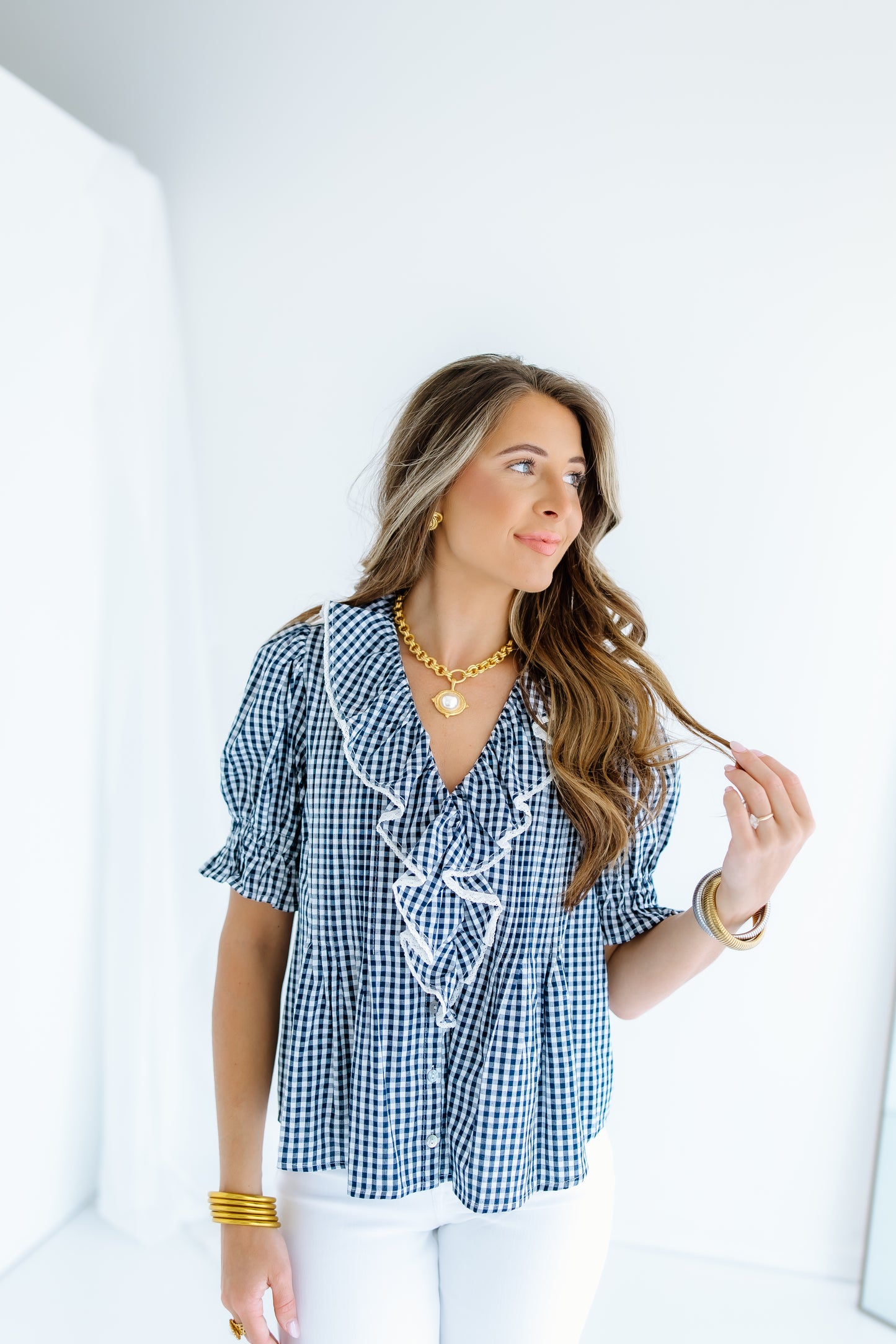 FEELING FREE GINGHAM RUFFLE TOP