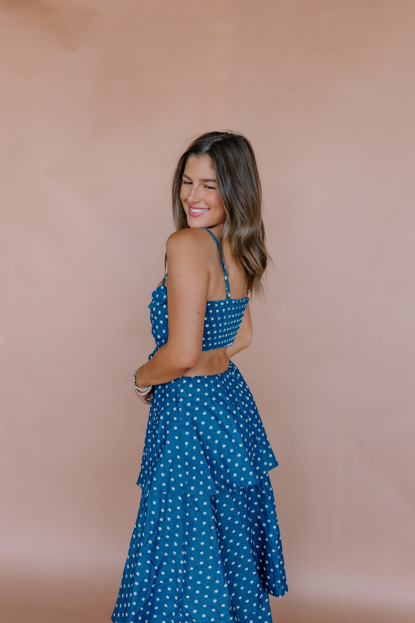 DENIM DITSY FLORAL POLKA DOT MAXI DRESS