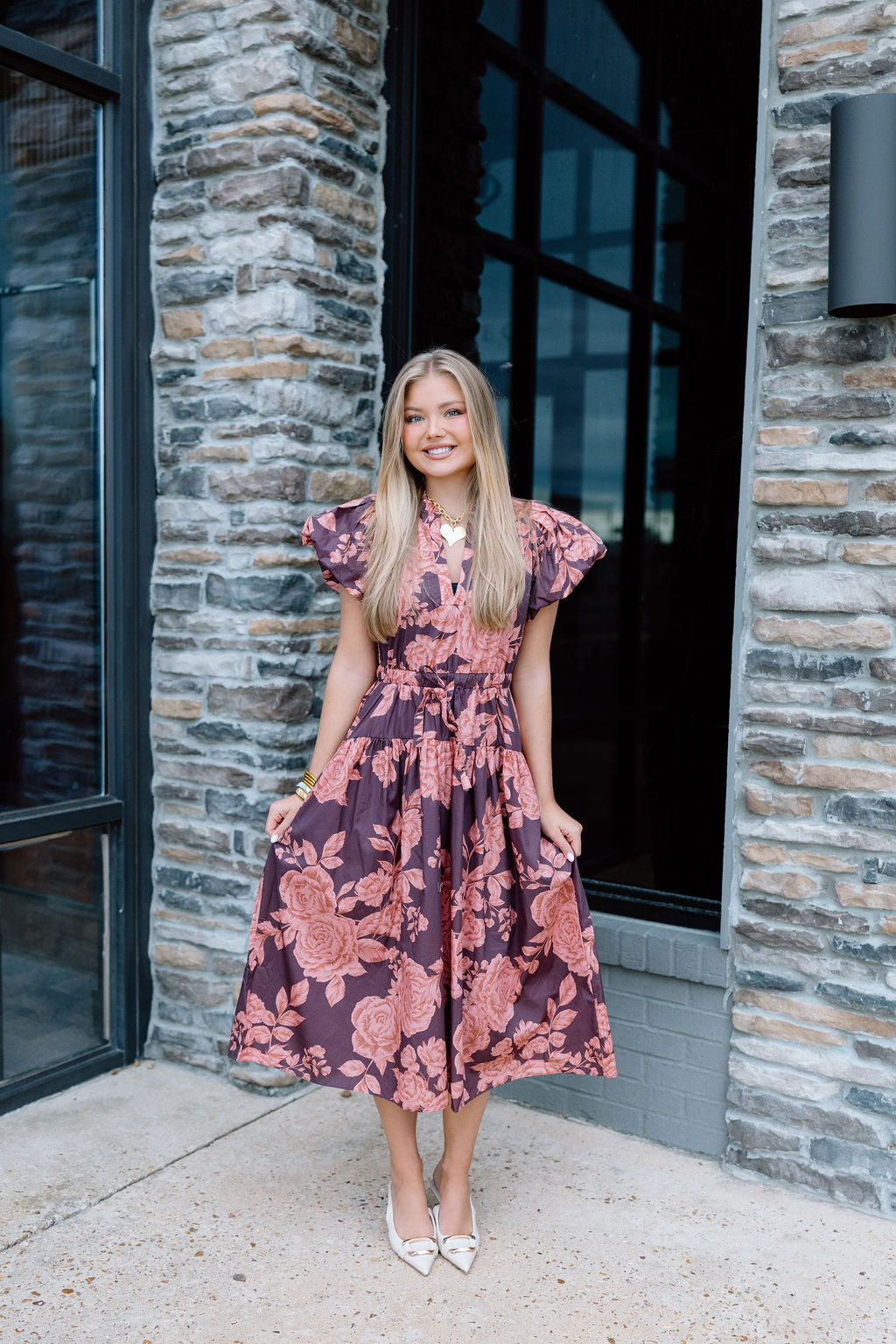 LILAH BUBBLE FLORAL MIDI DRESS