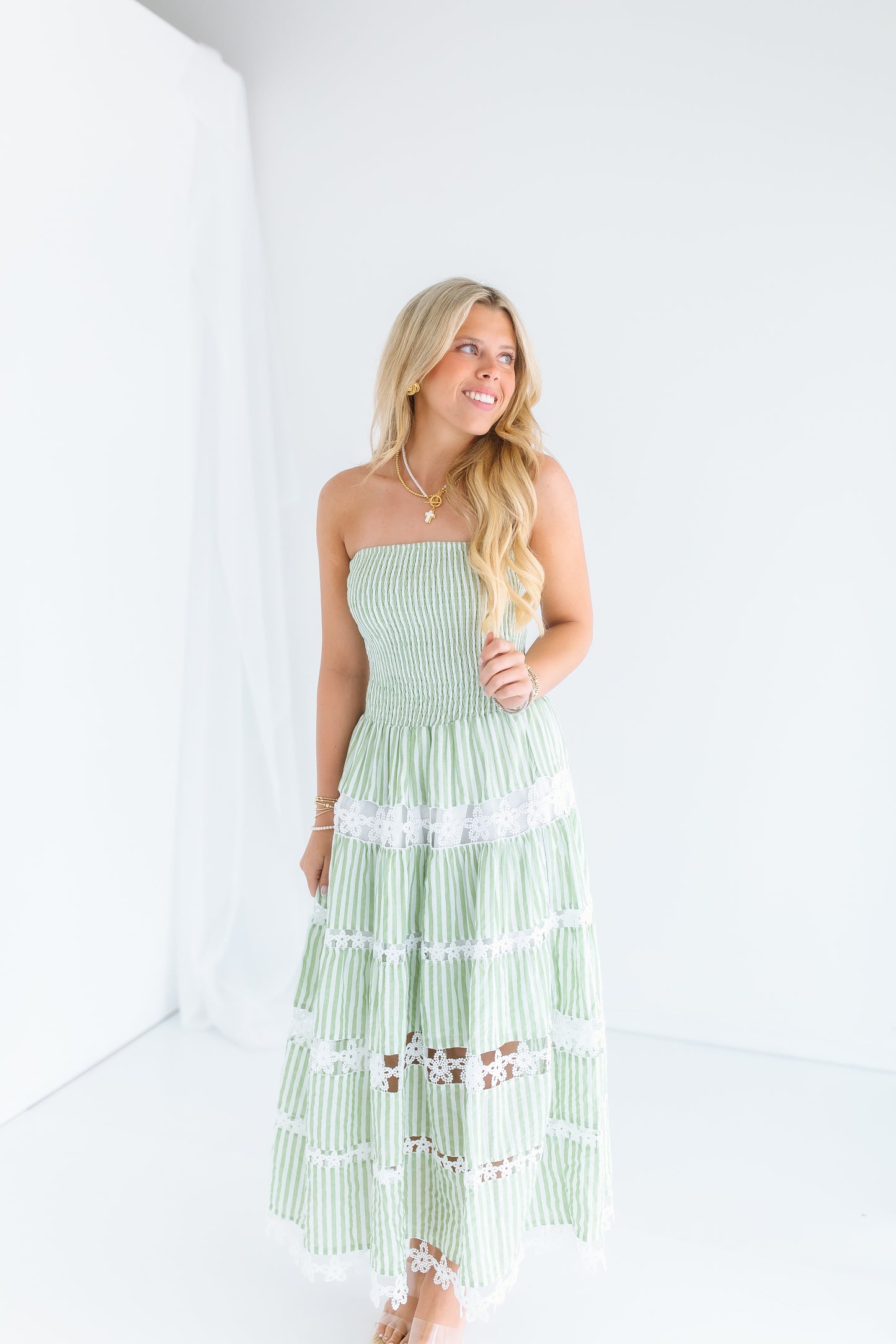 STRIPE AND FLORAL LACE TUBE DRESS