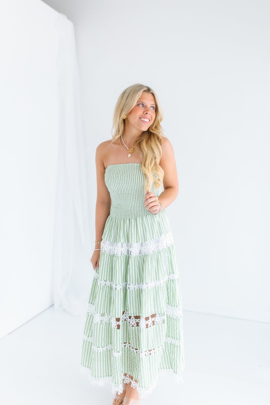 STRIPE AND FLORAL LACE TUBE DRESS