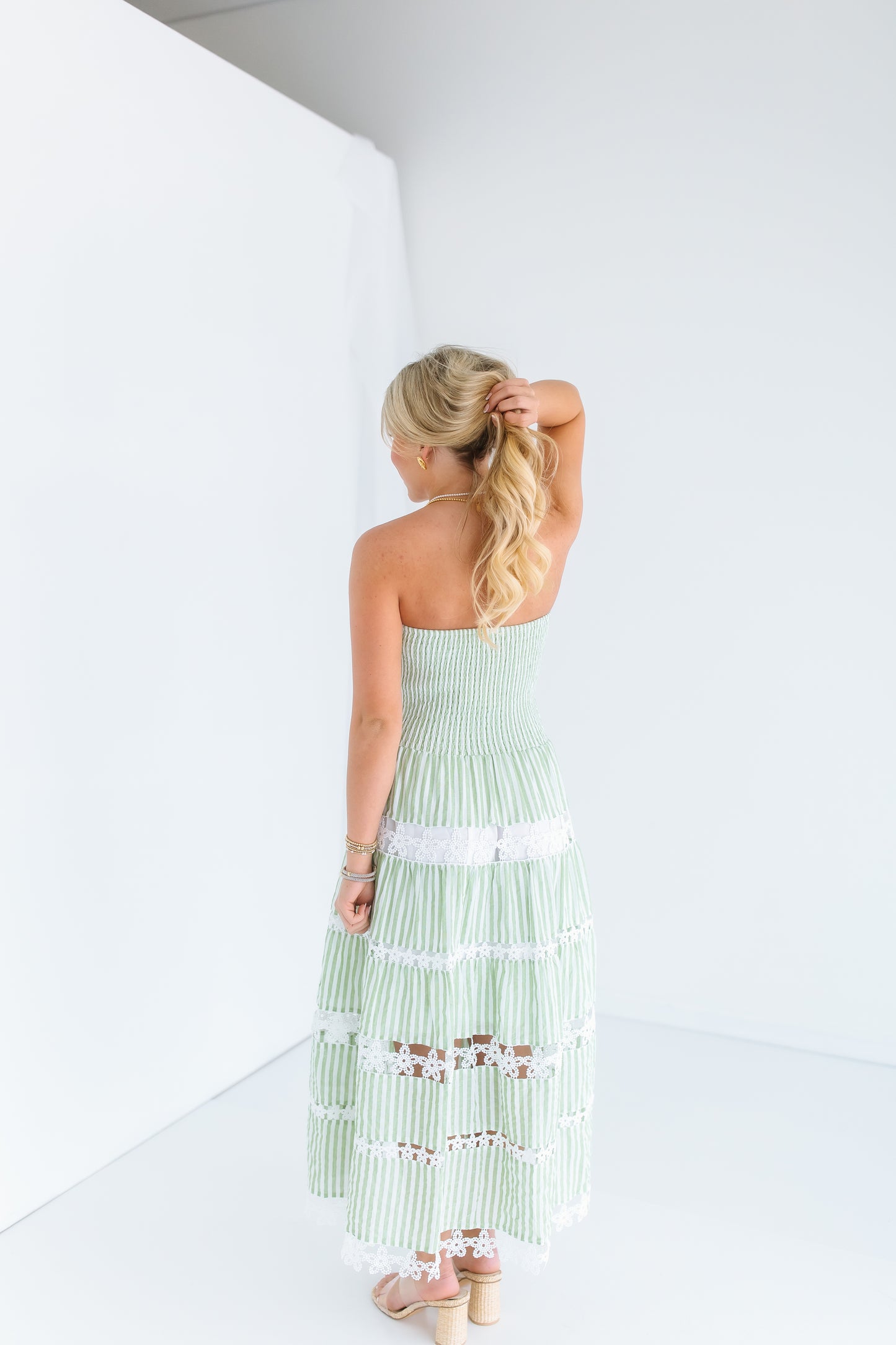 STRIPE AND FLORAL LACE TUBE DRESS