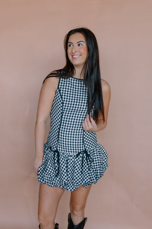 ROUND NECK GINGHAM MINI DRESS