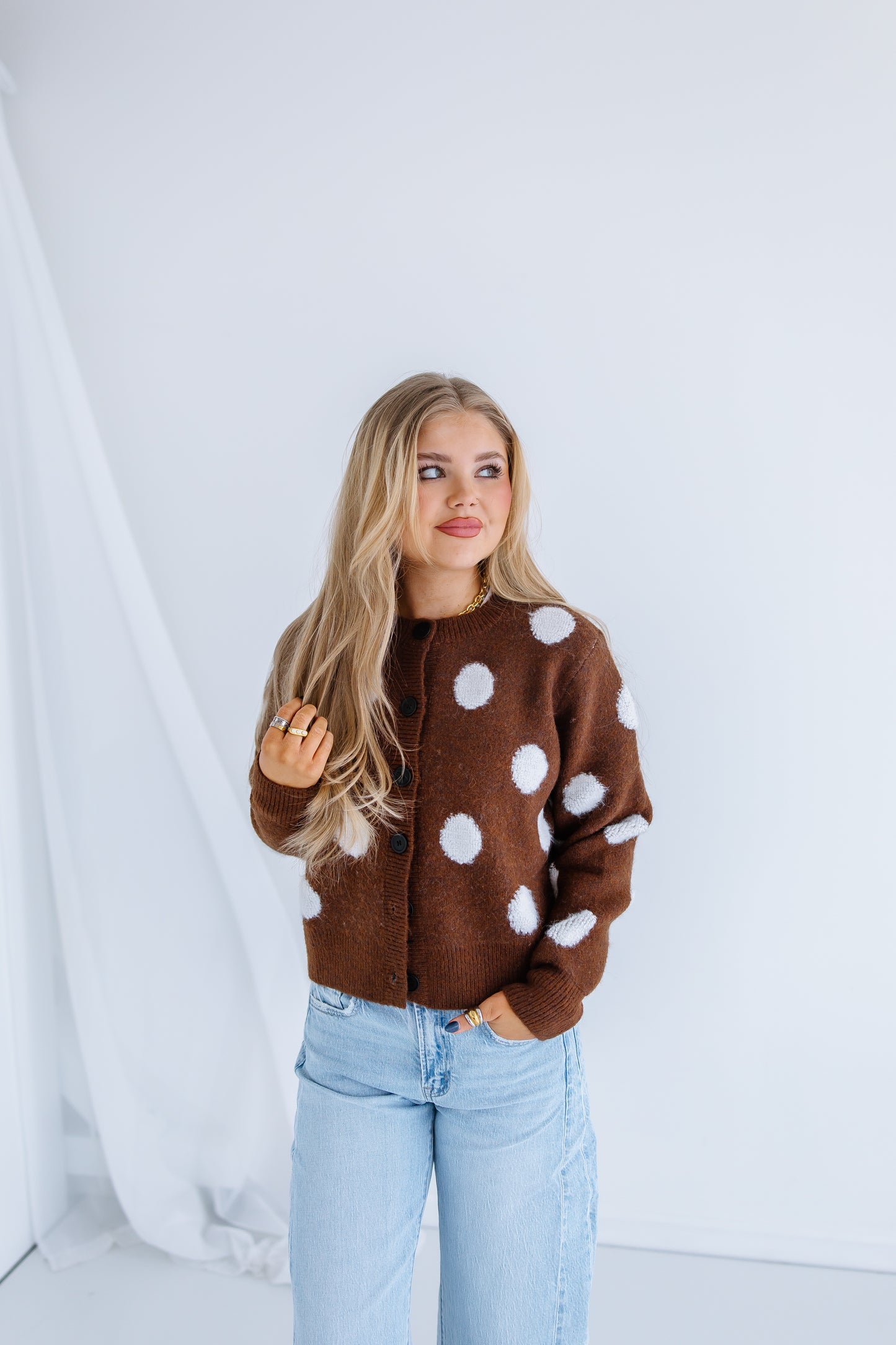 FUZZY KNIT BUTTON DOWN DOT SWEATER