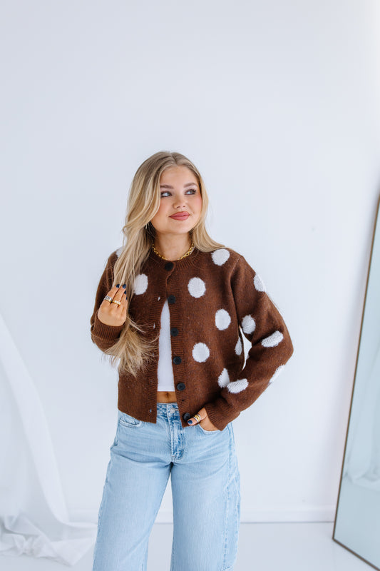 FUZZY KNIT BUTTON DOWN DOT SWEATER