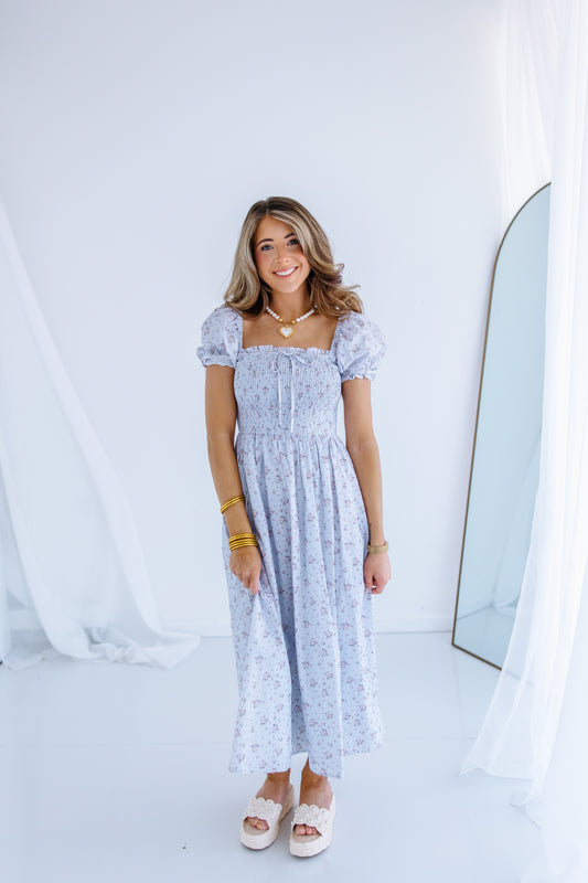 SPRING AGAIN FLORAL SMOCKED MIDI DRESS