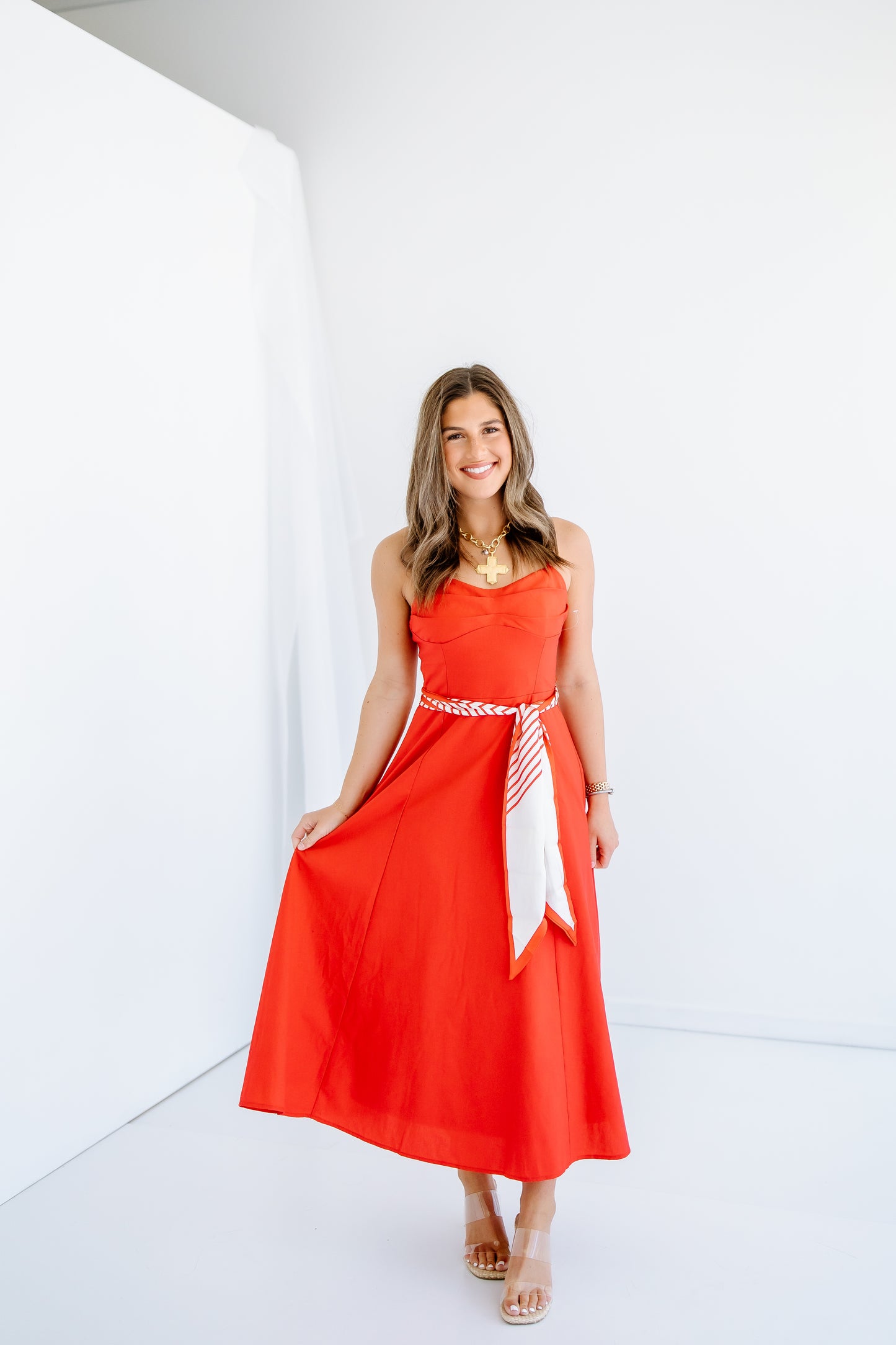 PLEATED BUST SCARF MIDI DRESS