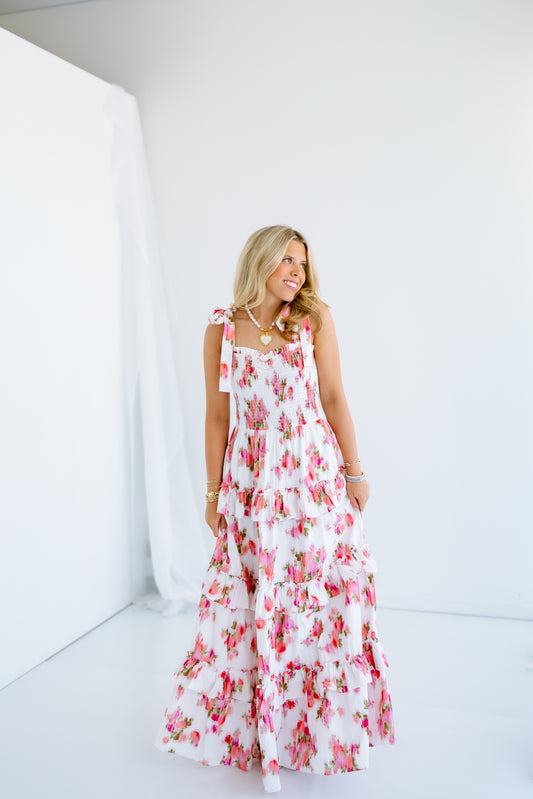 BLURRY FLORAL PRINT MAXI DRESS