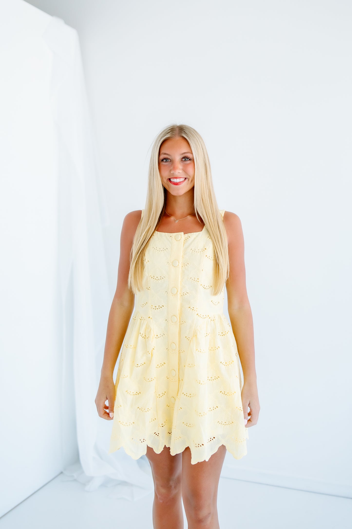 BUTTON DOWN SCALLOP EYELET MINI DRESS