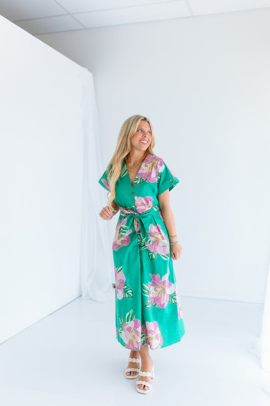 JUST A MINUTE FLORAL MIDI DRESS