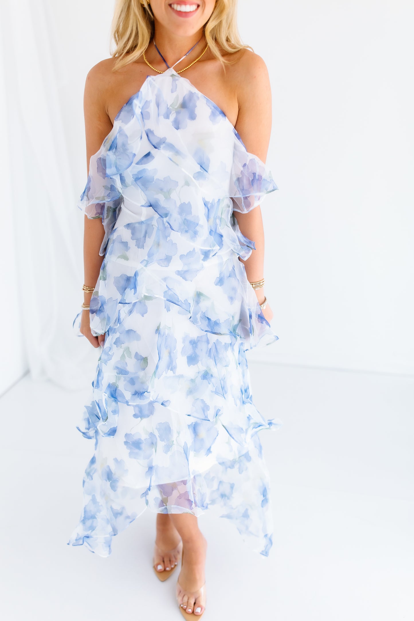 BLOSSOM BLUE RUFFLE MIDI DRESS