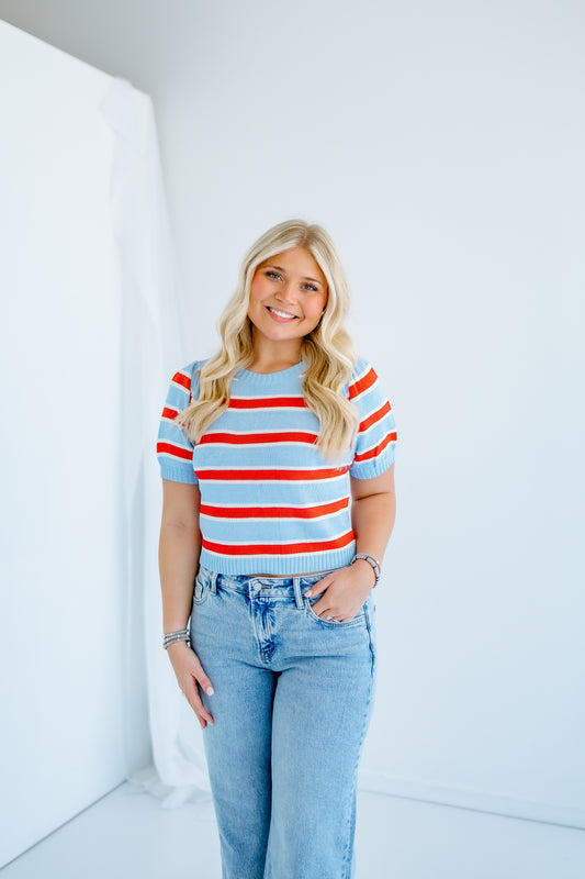STRIPE BUTTON DOWN PUFF SLEEVE TOP