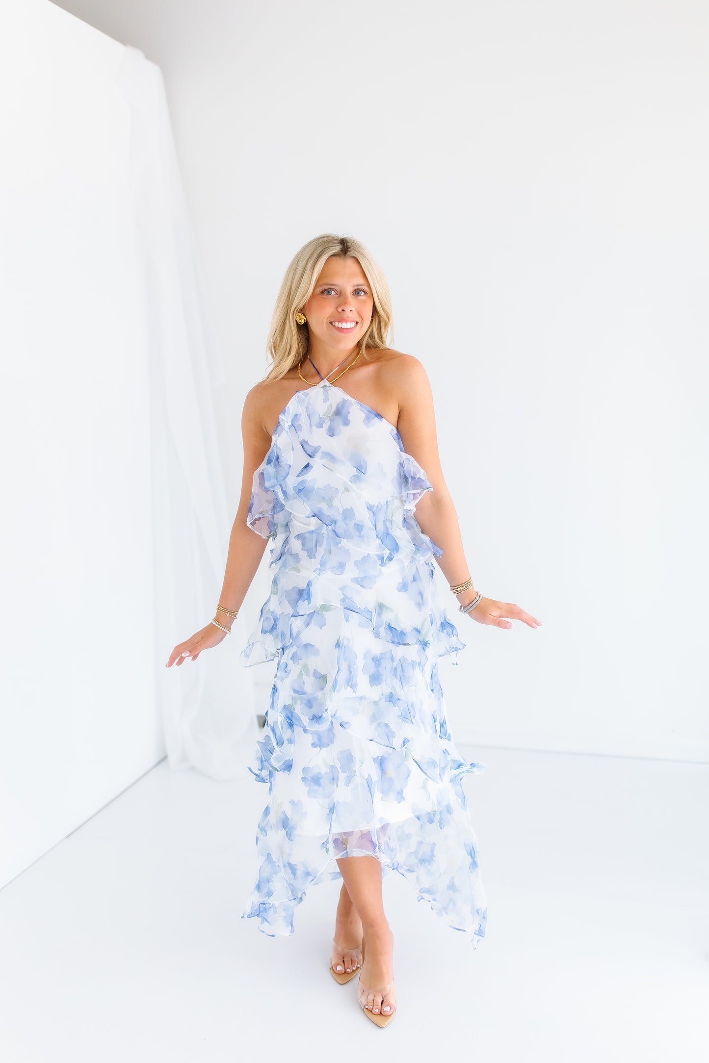 BLOSSOM BLUE RUFFLE MIDI DRESS