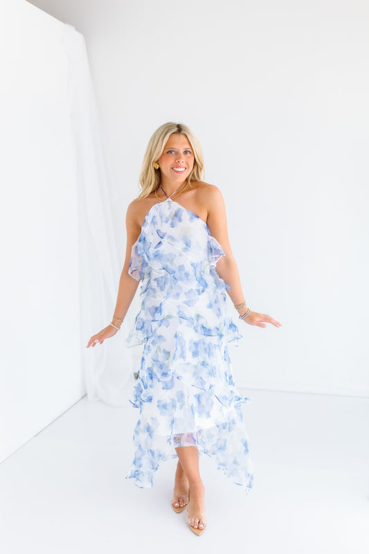 BLOSSOM BLUE RUFFLE MIDI DRESS