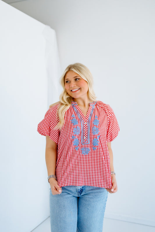 PLAID FLUTTER SLEEVE BLOUSE