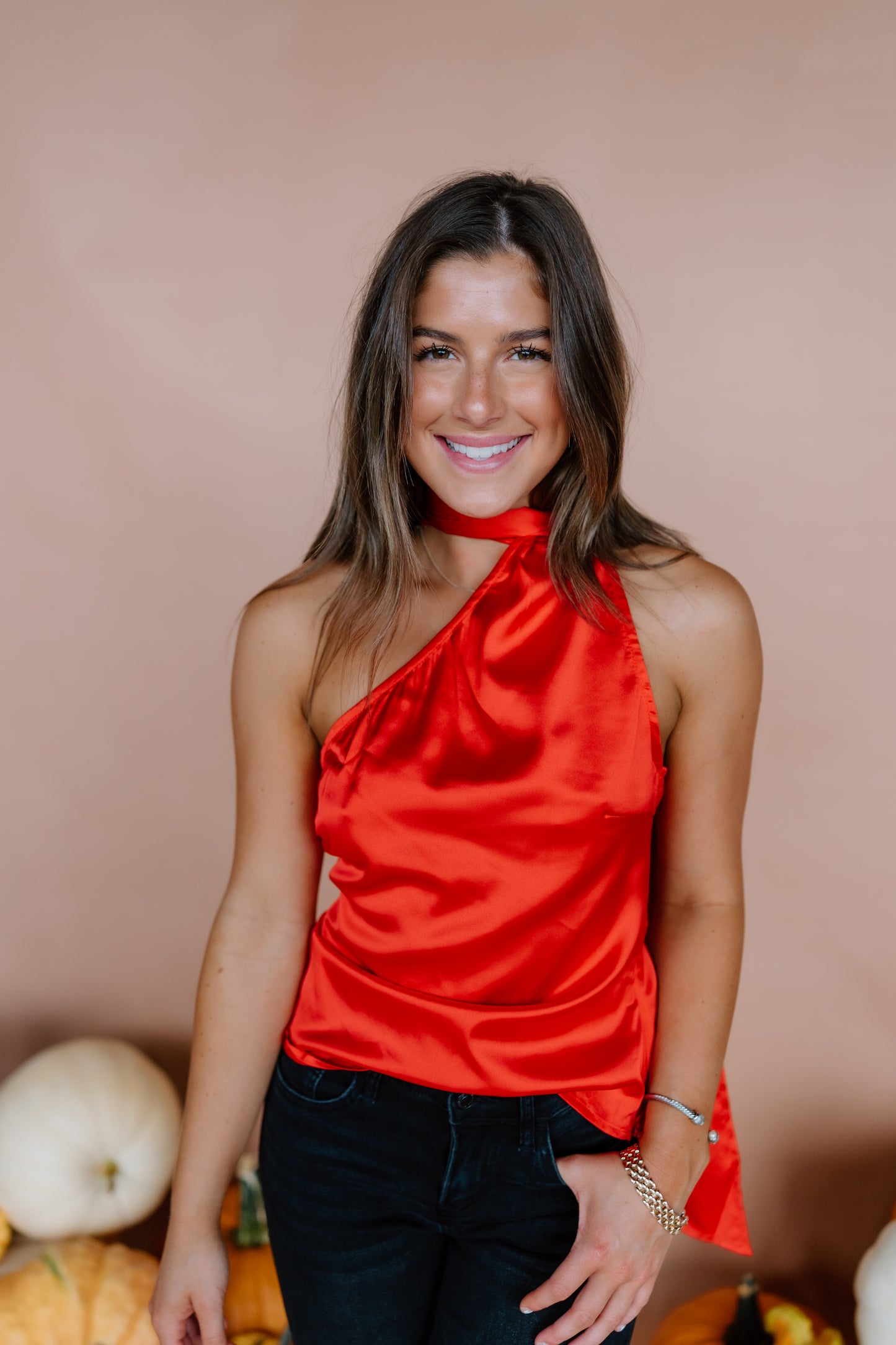 RED ONE SHOULDER TOP WITH SCARF