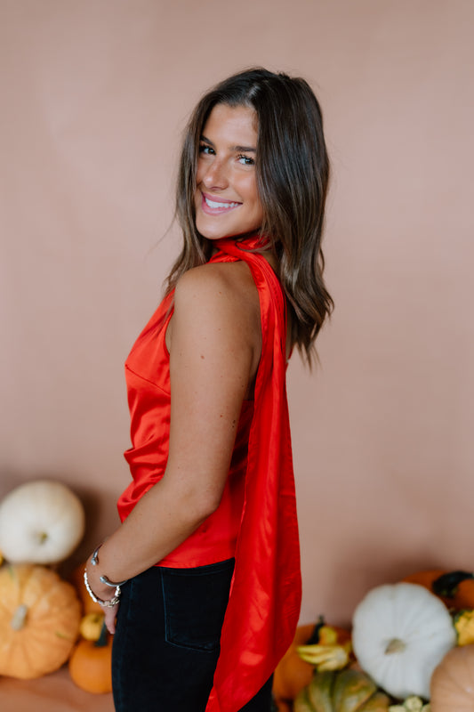 RED ONE SHOULDER TOP WITH SCARF