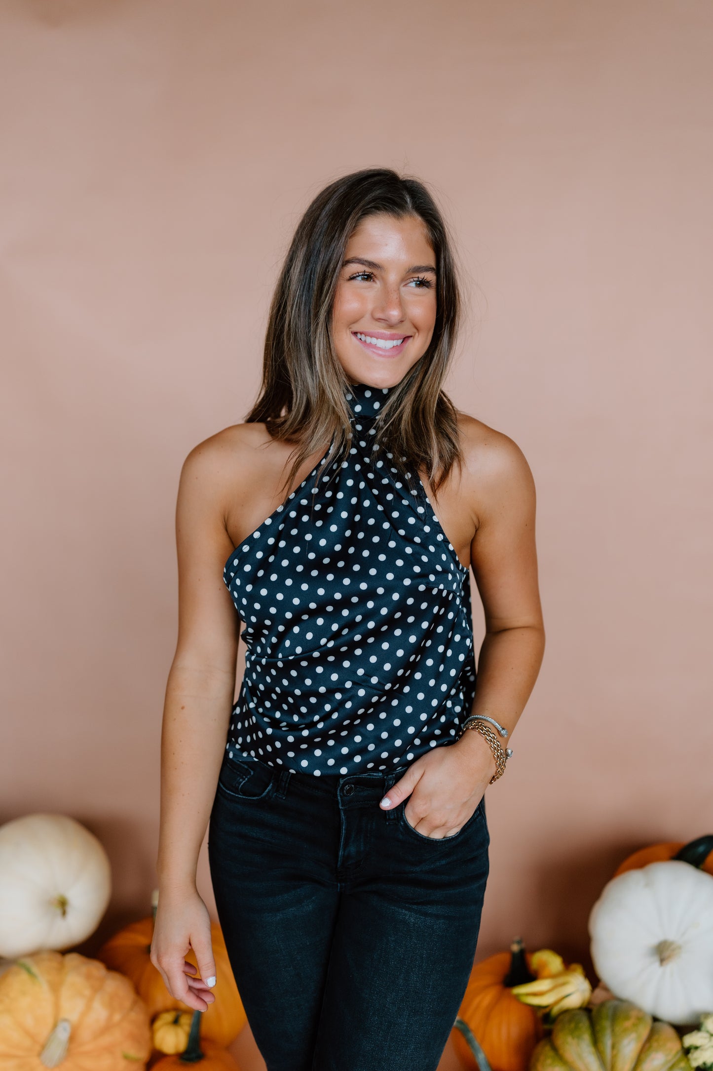 ONE SHOULDER POLKADOT TOP WITH SCARF