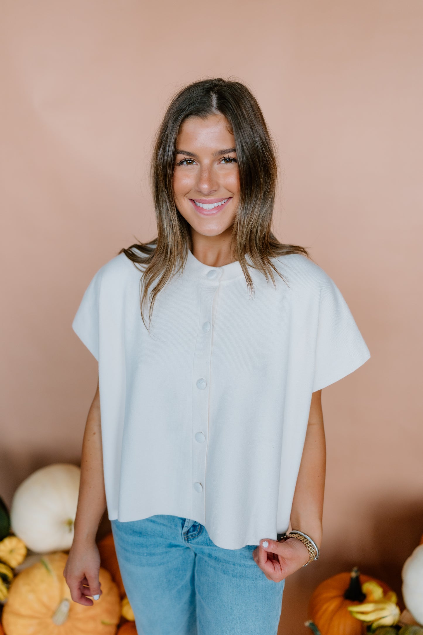 BUTTON DOWN CAP SLEEVE SWEATER