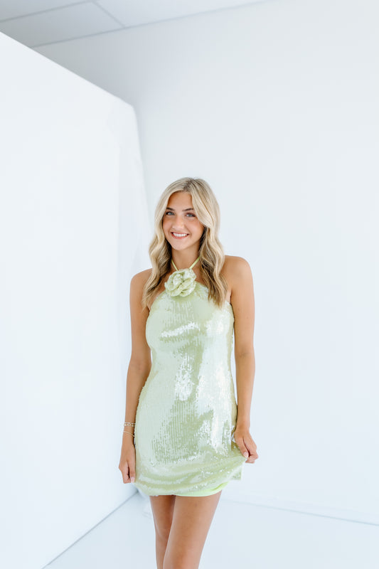 PISTACHIO SEQUIN MINI DRESS
