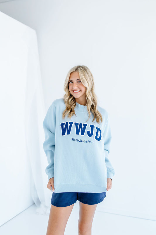 WWJD BLUE AND NAVY HEAVY WEIGHT MOCKNECK CREW
