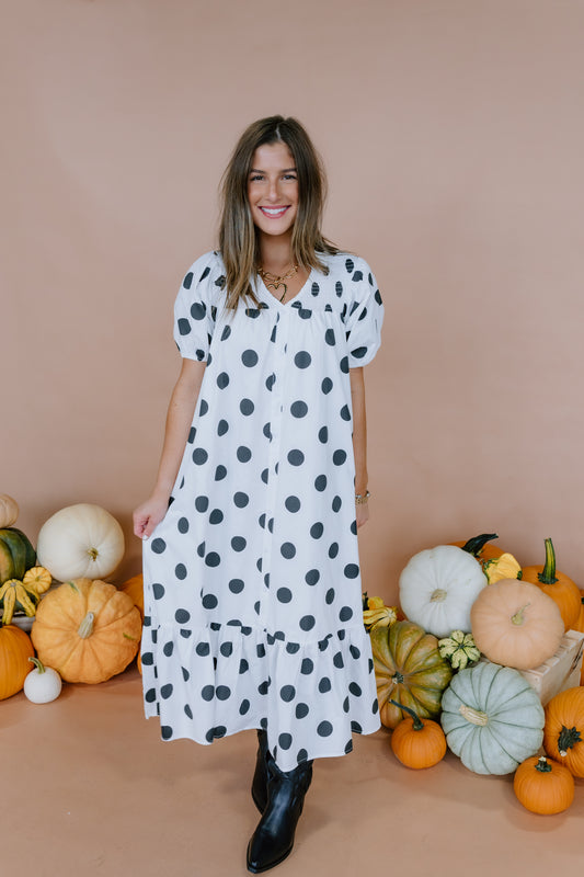 POLKA DOT BUTTON DOWN MIDI DRESS