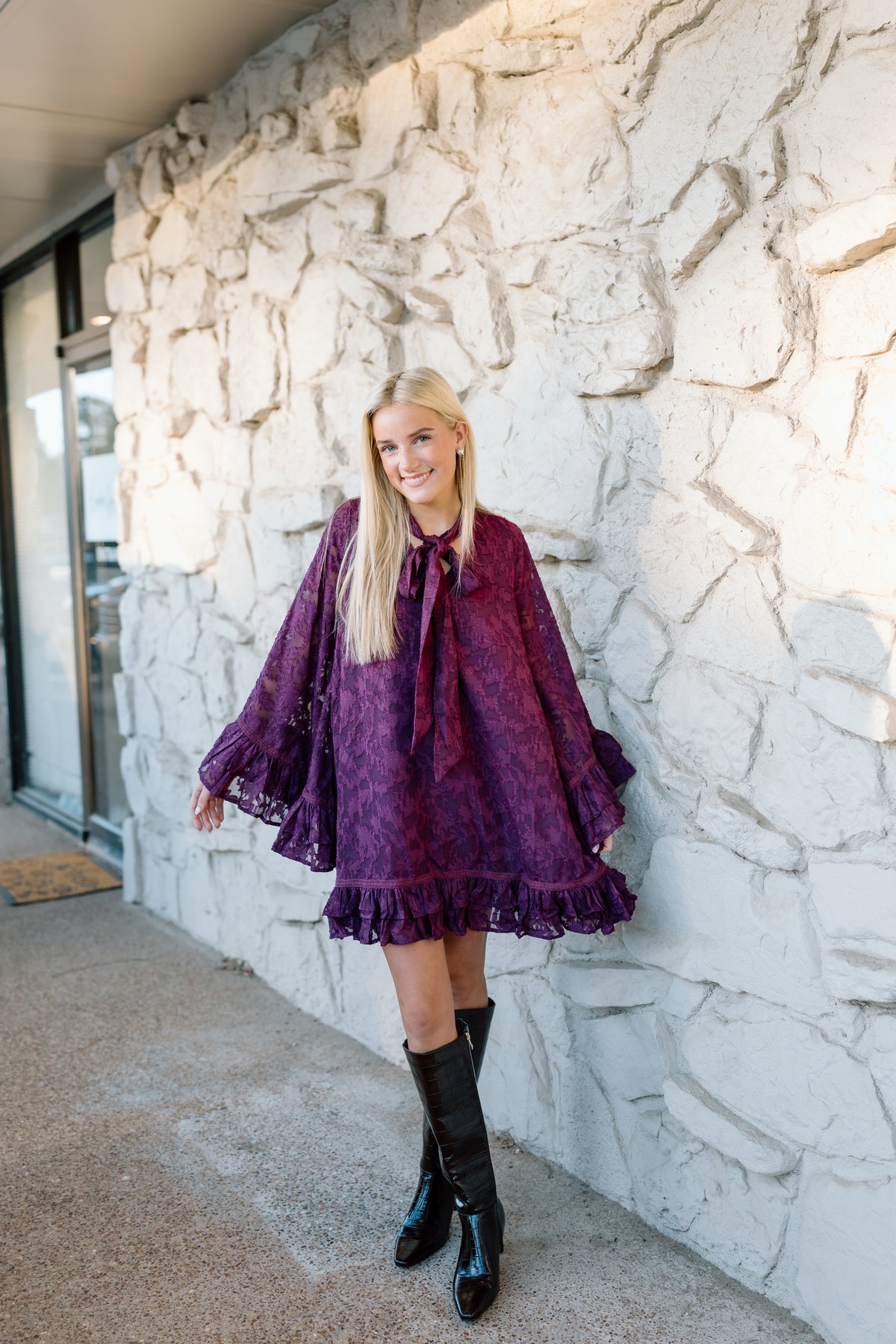 TEXTURED BOW NECK RUFFLE MINI DRESS