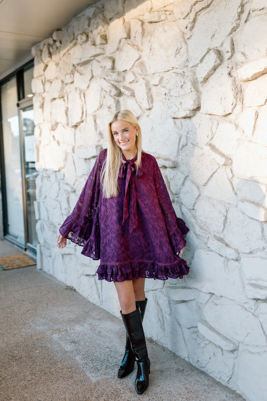 TEXTURED BOW NECK RUFFLE MINI DRESS
