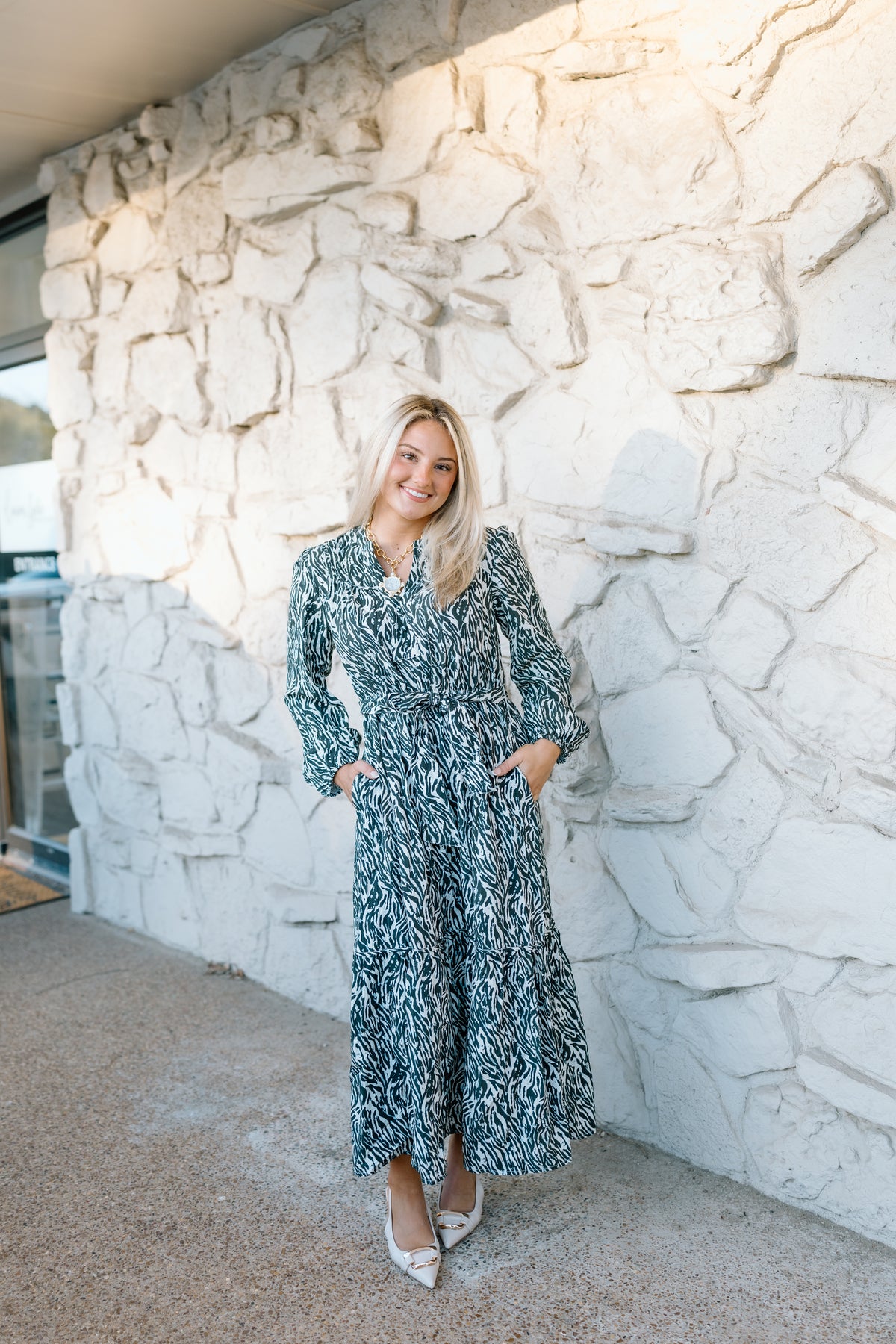 ZEBRA PRINTED BELT MIDI DRESS