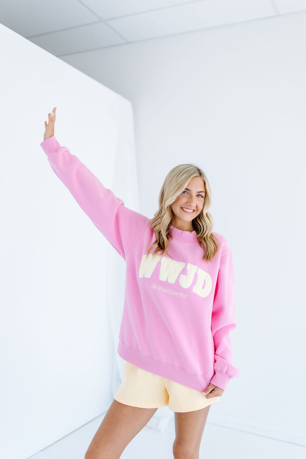WWJD PINK AND YELLOW HEAVY WEIGHT MOCKNECK CREW