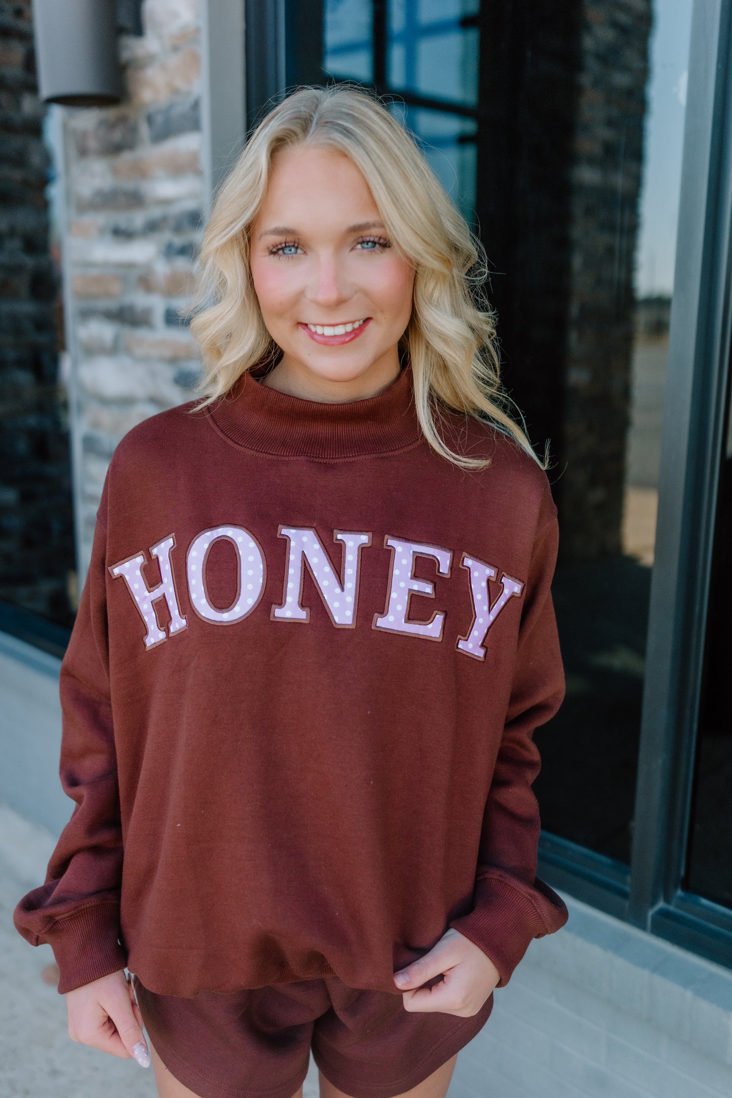 BROWN HONEY POLKA DOT MOCK NECK