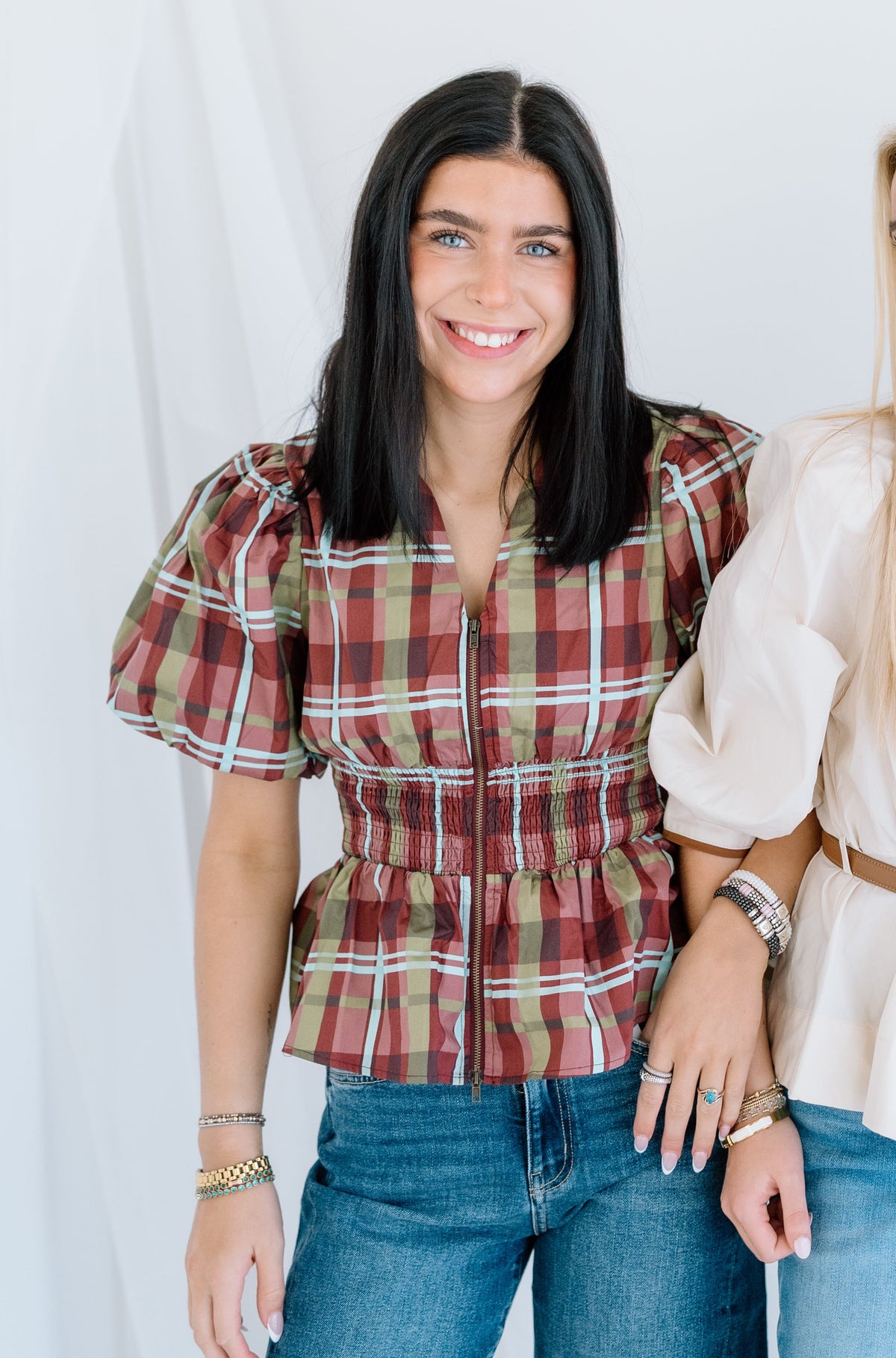 PLAID SMOCKED WAIST TOP