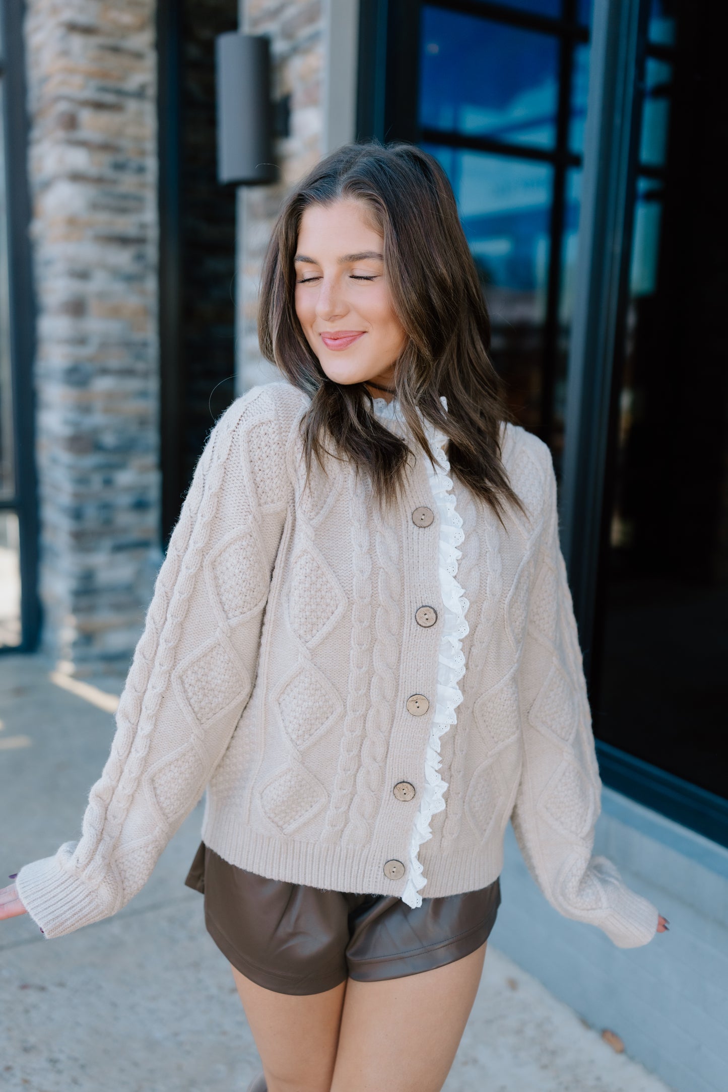 EYELET TRIM CABLE KNIT CARDIGAN