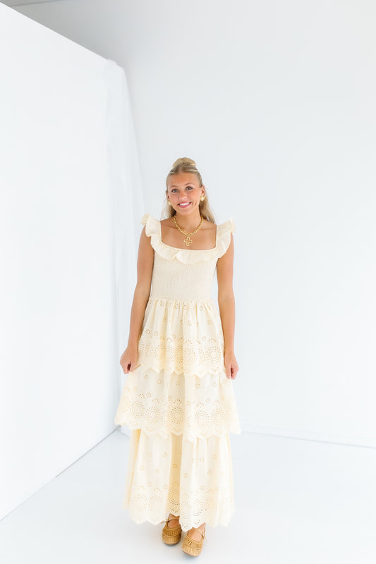 KINLEY SCOOP NECK EYELET MAXI DRESS