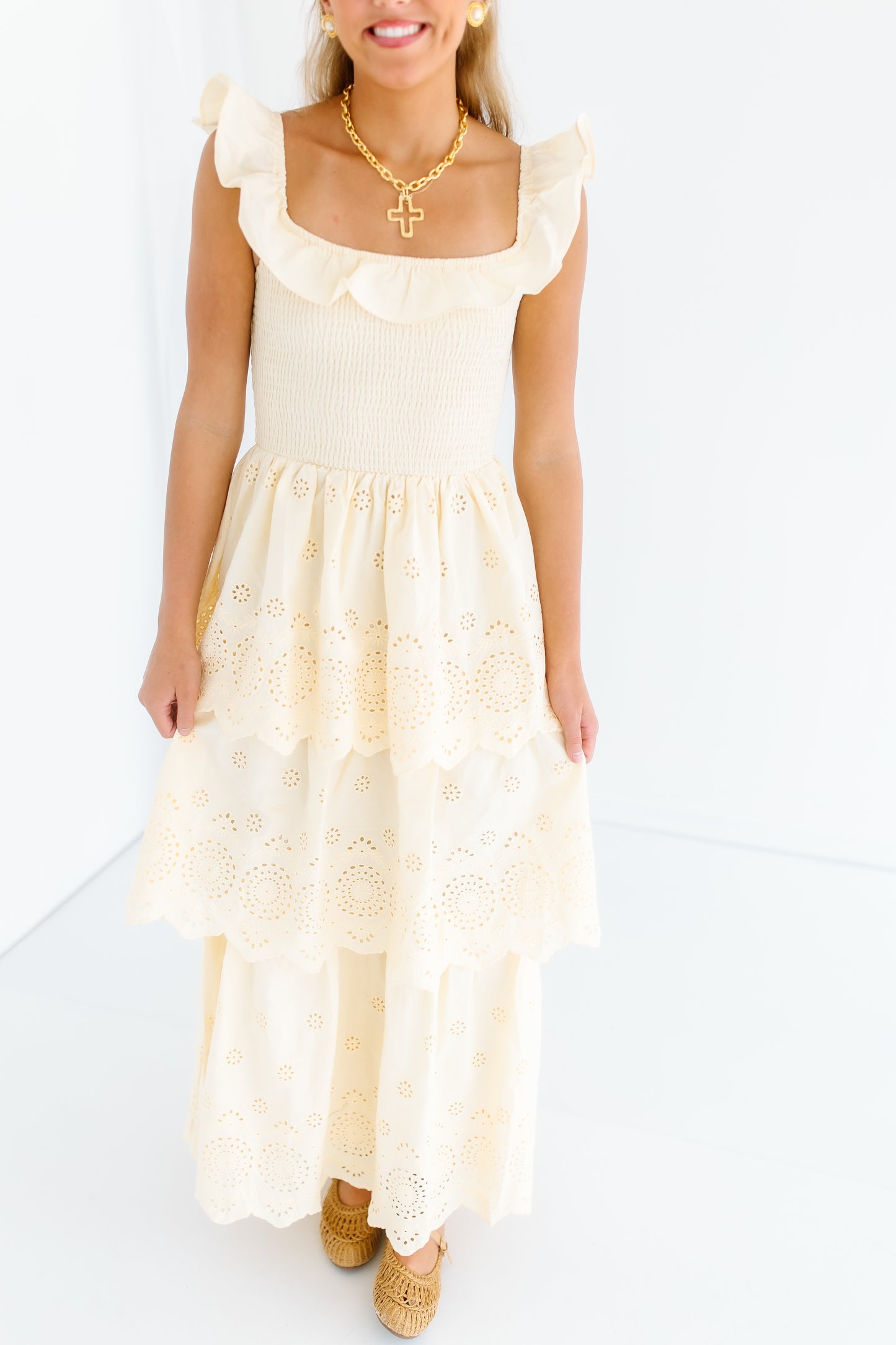 KINLEY SCOOP NECK EYELET MAXI DRESS