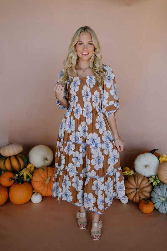 FALLING LEAVES FLORAL MIDI DRESS