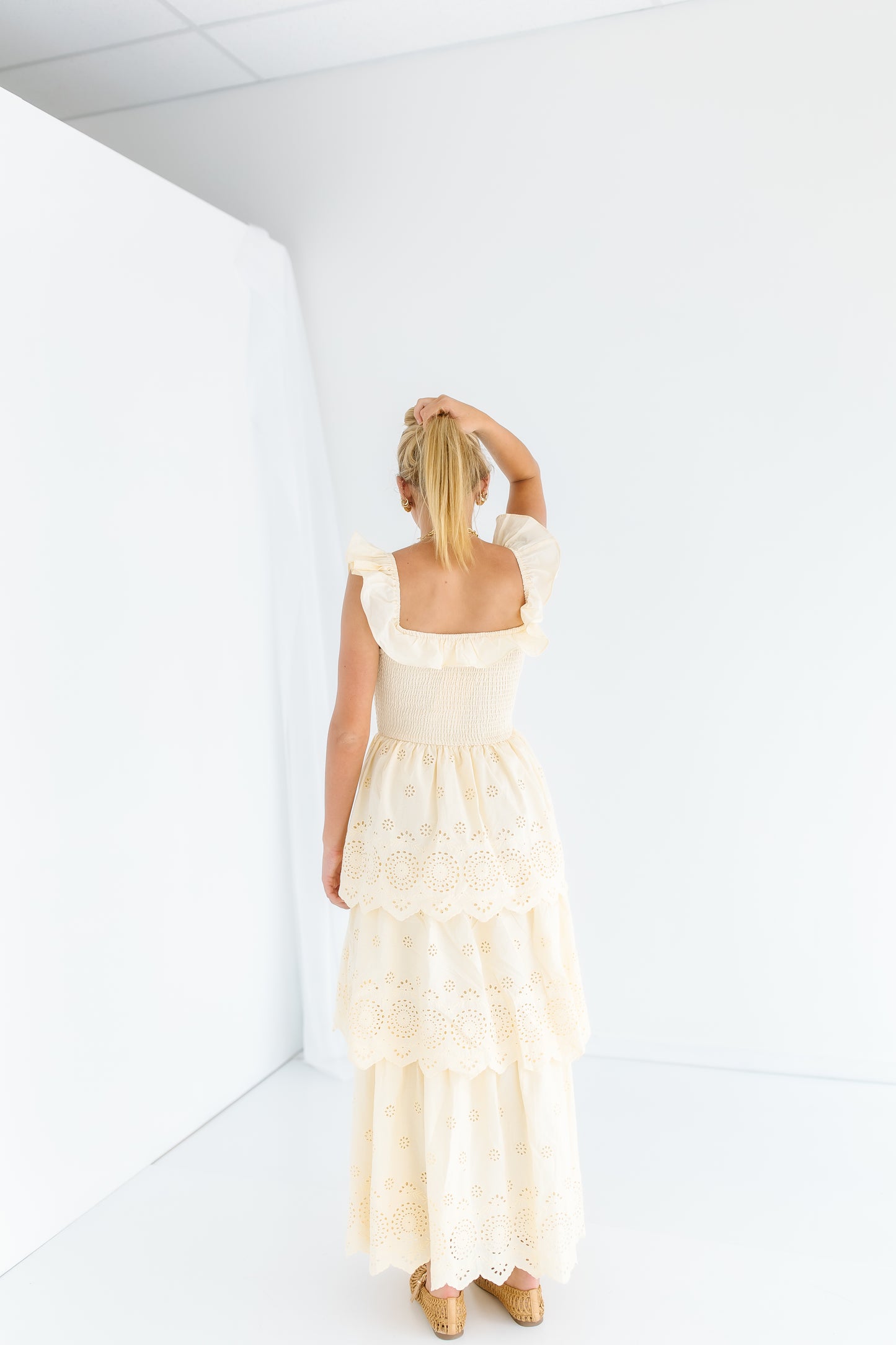 KINLEY SCOOP NECK EYELET MAXI DRESS