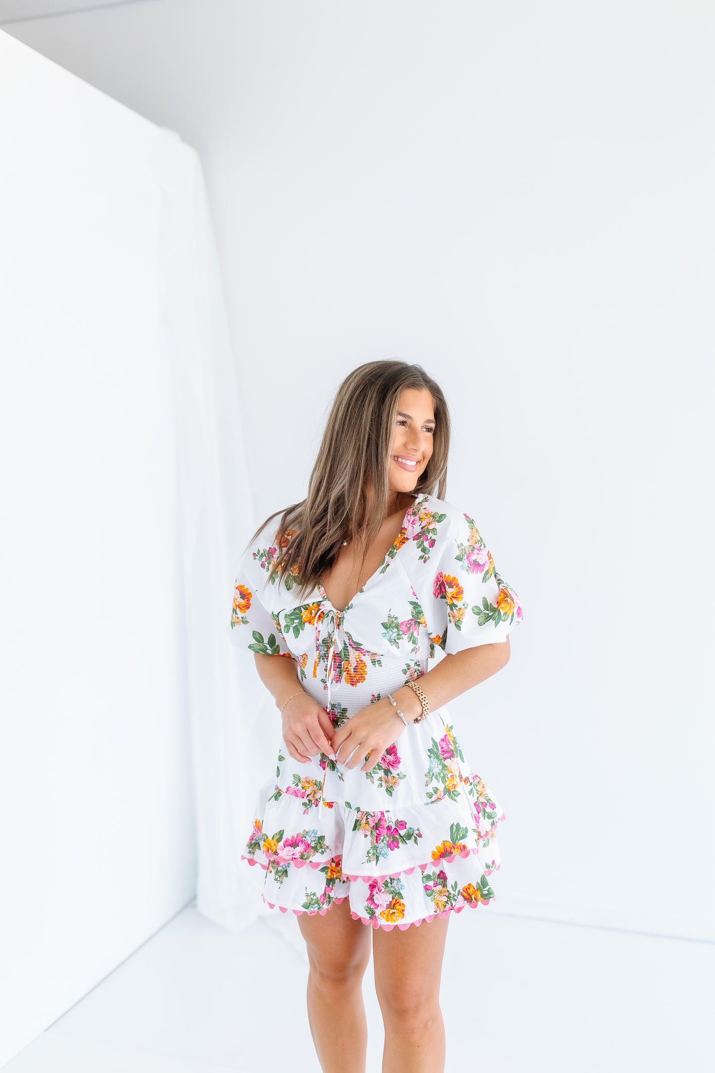 DEJA FLORAL SMOCKED MINI DRESS