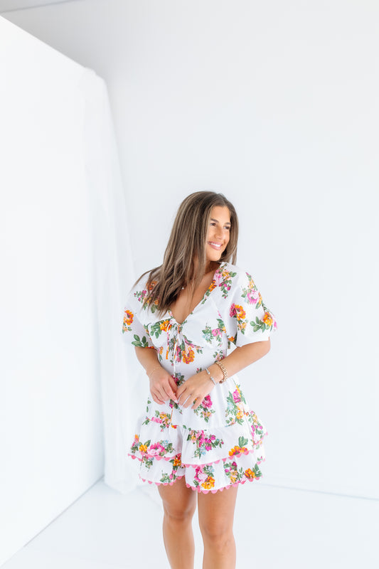 DEJA FLORAL SMOCKED MINI DRESS